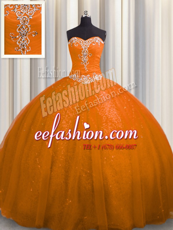 Sequined Rust Red Sweetheart Lace Up Beading and Appliques Ball Gown Prom Dress Court Train Sleeveless