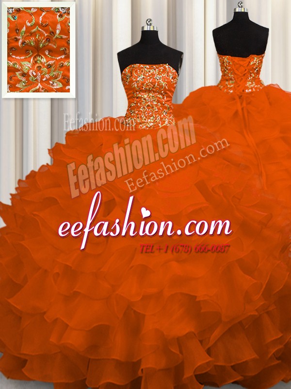 Exceptional Rust Red Sleeveless Organza Sweep Train Lace Up 15 Quinceanera Dress for Military Ball and Sweet 16 and Quinceanera