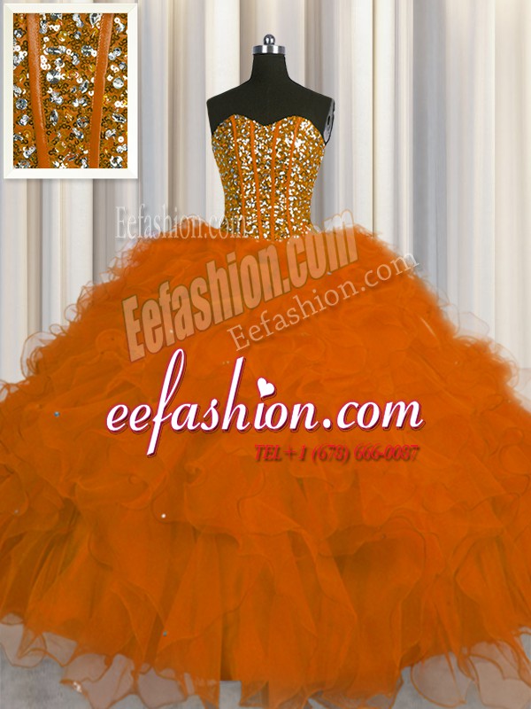 Sumptuous Visible Boning Rust Red Lace Up Sweetheart Beading and Ruffles and Sequins Quince Ball Gowns Tulle Sleeveless