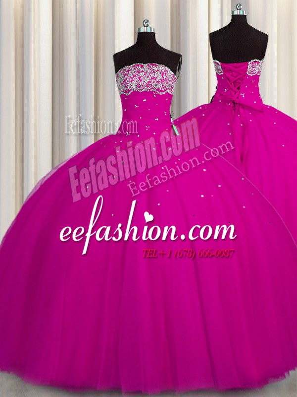 Stylish Puffy Skirt Ball Gowns Ball Gown Prom Dress Fuchsia Strapless Tulle Sleeveless Floor Length Lace Up