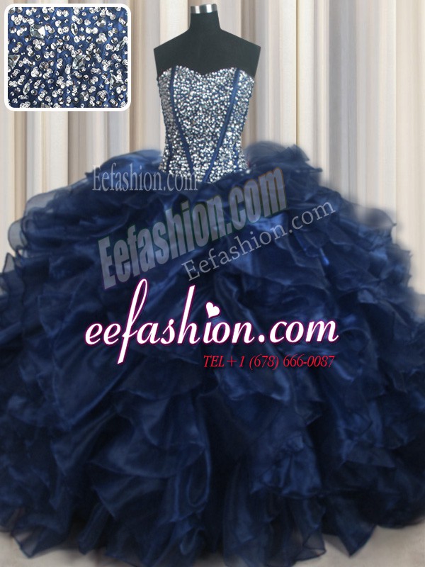 Nice Visible Boning Bling-bling Beading and Ruffles Sweet 16 Quinceanera Dress Navy Blue Lace Up Sleeveless With Brush Train