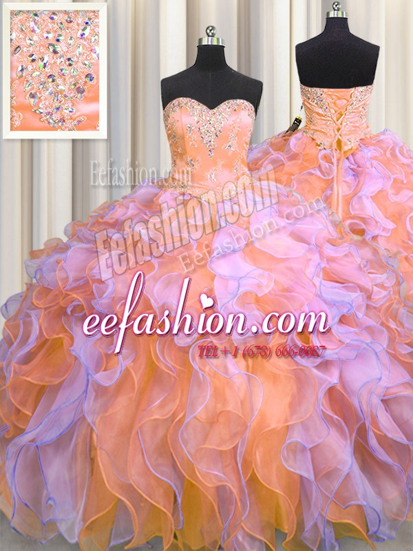 Amazing Floor Length Multi-color Quince Ball Gowns Organza Sleeveless Beading and Appliques and Ruffles