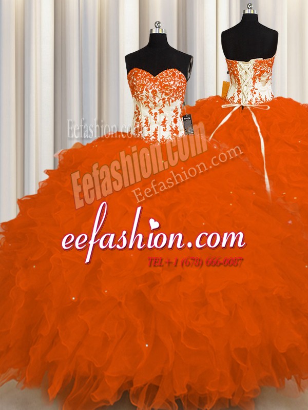 Discount Orange Red Sleeveless Organza Lace Up Sweet 16 Dress for Military Ball and Sweet 16 and Quinceanera