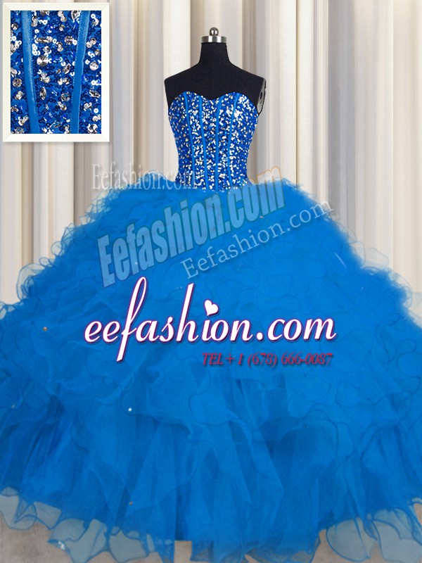  Visible Boning Blue Sleeveless Floor Length Beading and Ruffles and Sequins Lace Up Sweet 16 Quinceanera Dress