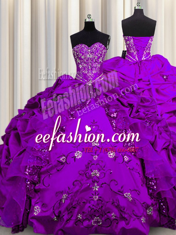  Sequins Sweetheart Sleeveless Vestidos de Quinceanera Floor Length Beading and Embroidery and Ruffles Purple Taffeta