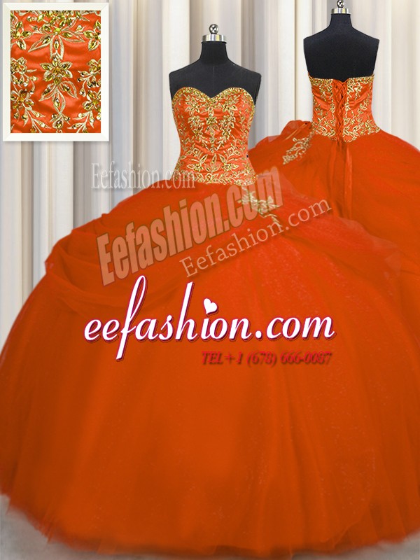 On Sale Floor Length Ball Gowns Sleeveless Orange Red Quince Ball Gowns Lace Up