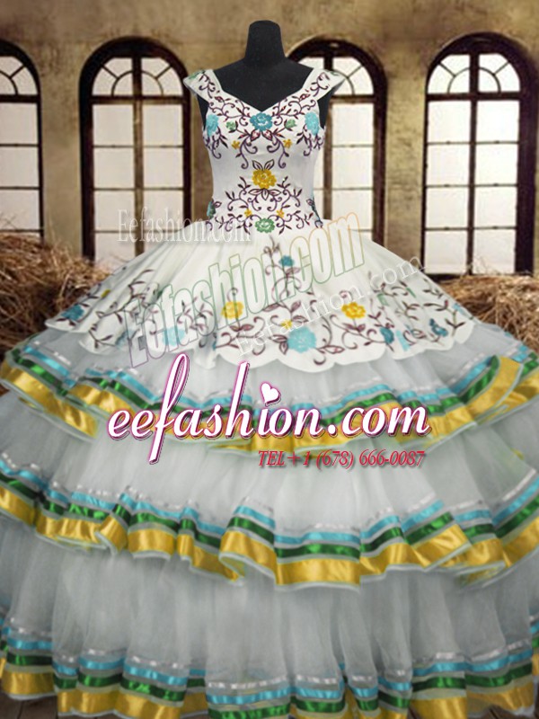  Sleeveless Floor Length Embroidery and Ruffled Layers Lace Up Sweet 16 Dresses with Multi-color