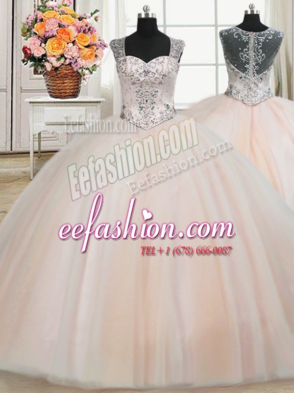 Affordable See Through Back Zipper Up Peach Quinceanera Gown Military Ball and Sweet 16 and Quinceanera and For with Beading Straps Cap Sleeves Zipper
