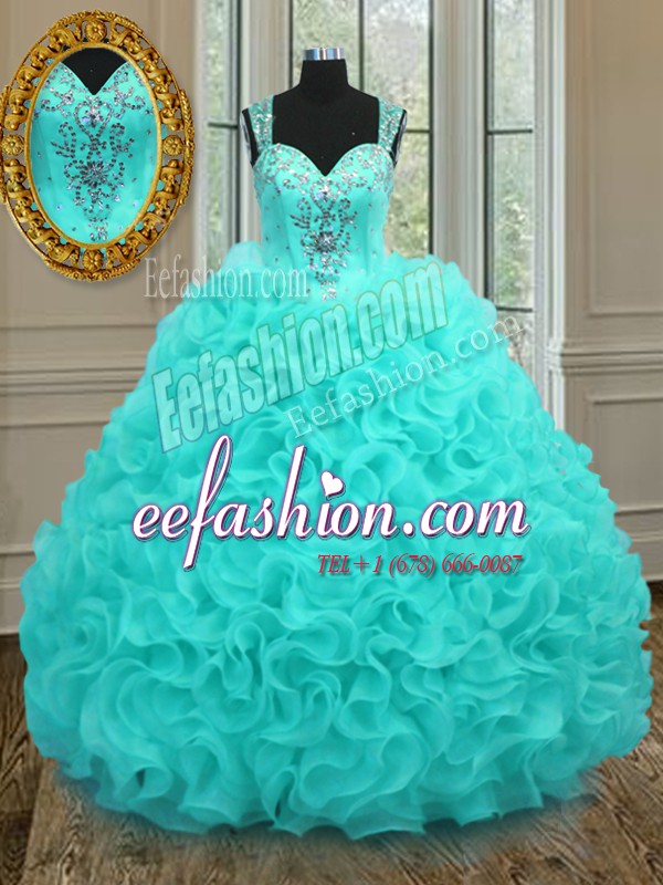 Sophisticated Straps Aqua Blue Zipper Sweet 16 Dress Beading and Ruffles Sleeveless Floor Length