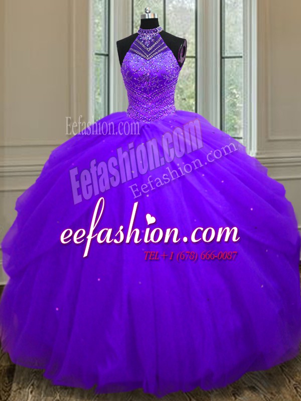  Purple Halter Top Lace Up Beading and Sequins Vestidos de Quinceanera Sleeveless