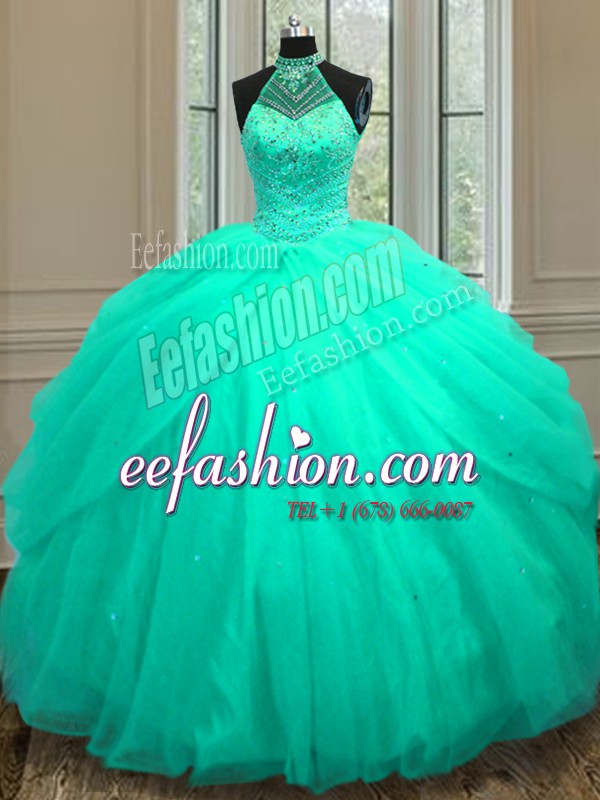 Sexy Halter Top Beading and Sequins Vestidos de Quinceanera Turquoise Lace Up Sleeveless Floor Length