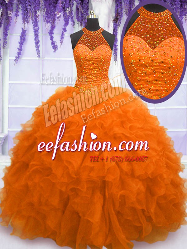 Super Orange Red Sleeveless Beading and Ruffles Floor Length Ball Gown Prom Dress