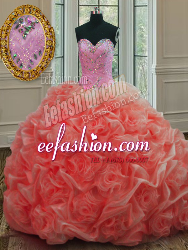 Pretty Beading and Pick Ups Quinceanera Gowns Watermelon Red Lace Up Sleeveless Sweep Train