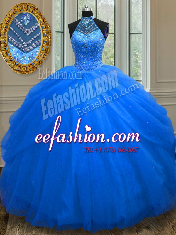 Fashionable Royal Blue Sweet 16 Quinceanera Dress Military Ball and Sweet 16 and Quinceanera and For with Beading Halter Top Sleeveless Lace Up