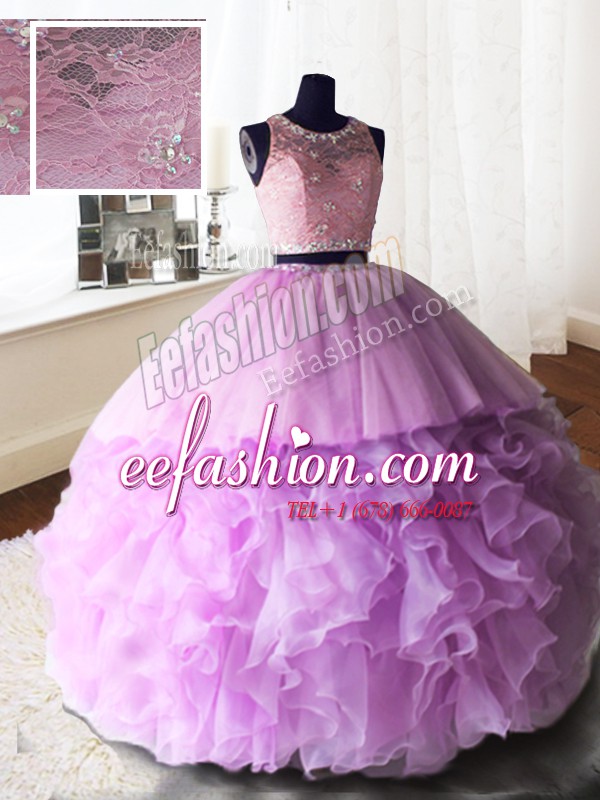 Flirting Scoop Lilac Organza and Tulle and Lace Zipper Ball Gown Prom Dress Sleeveless With Brush Train Beading and Lace and Ruffles