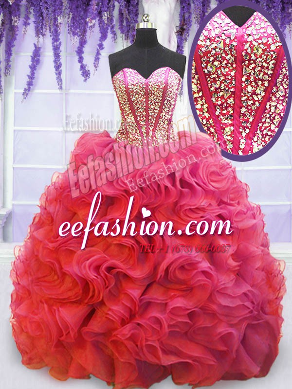  Ball Gowns Quinceanera Dress Coral Red Sweetheart Organza Sleeveless Lace Up
