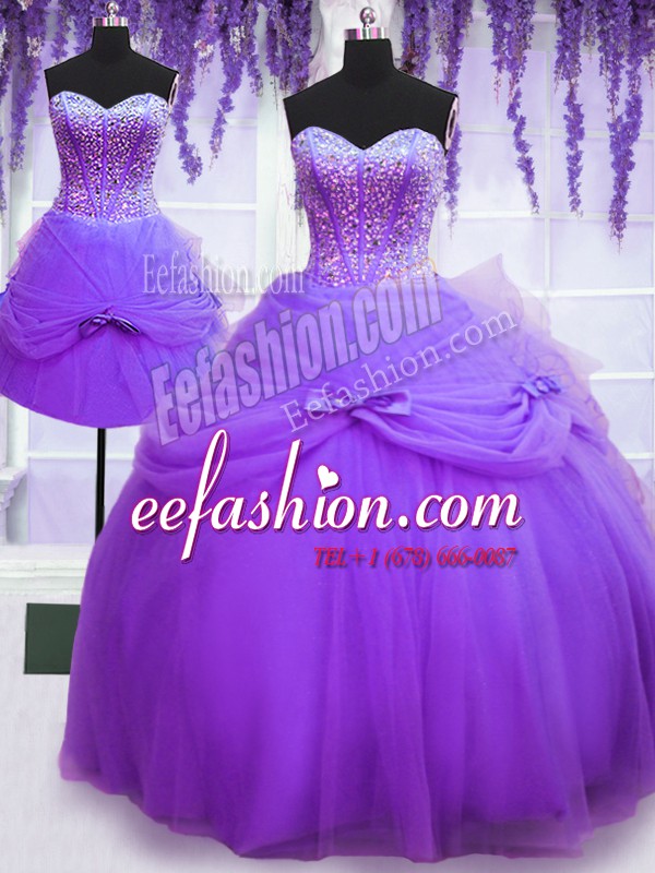  Three Piece Purple Lace Up 15th Birthday Dress Beading and Bowknot Sleeveless Floor Length