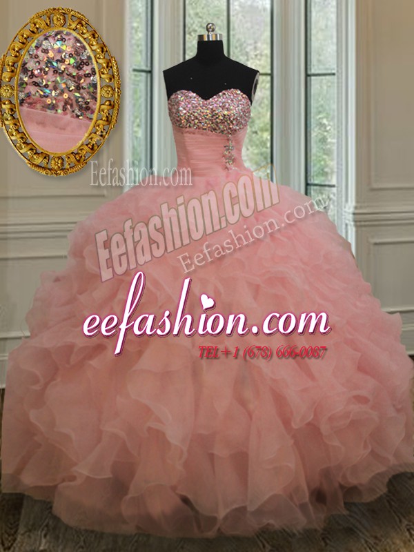  Watermelon Red Ball Gowns Sweetheart Sleeveless Organza Floor Length Lace Up Beading and Ruffles Quince Ball Gowns