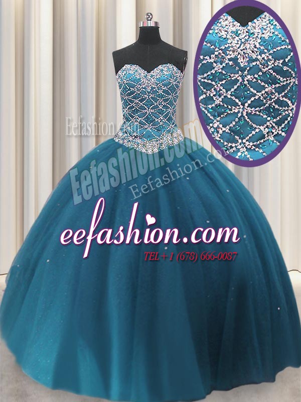 Dramatic Sequins Floor Length Teal Quinceanera Dresses Sweetheart Sleeveless Lace Up