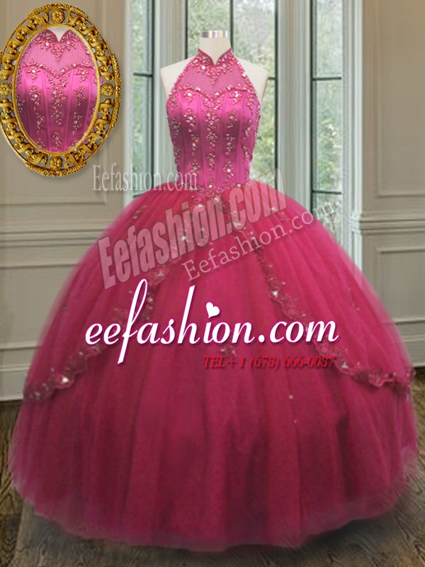 Dramatic Hot Pink Sweet 16 Quinceanera Dress Military Ball and Sweet 16 and Quinceanera and For with Beading and Appliques Halter Top Sleeveless Lace Up