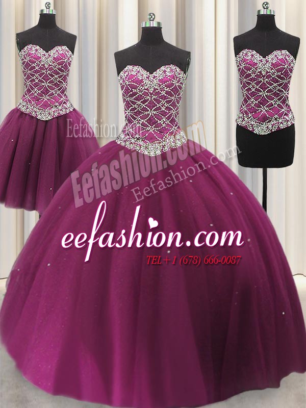  Three Piece Tulle Sweetheart Sleeveless Lace Up Beading and Sequins Sweet 16 Dresses in Fuchsia