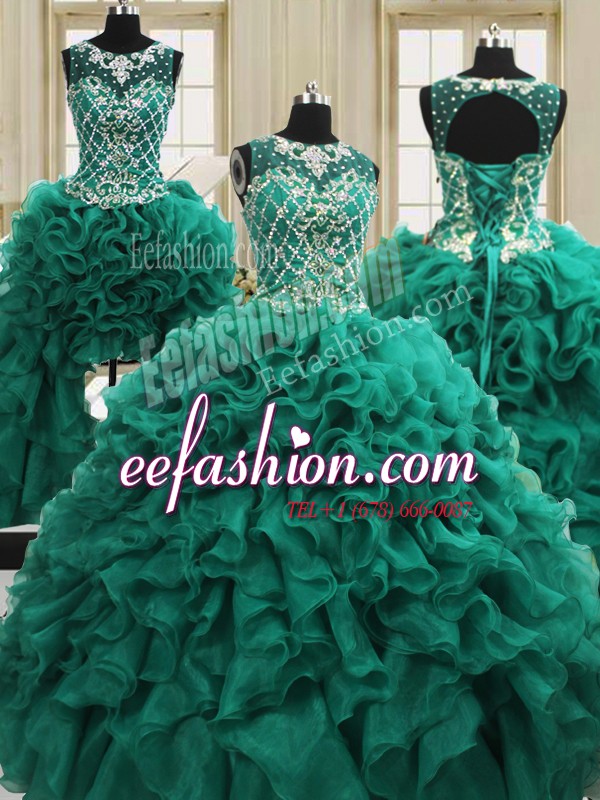  Four Piece Scoop Dark Green Sleeveless Floor Length Beading and Ruffles Lace Up Quinceanera Dresses