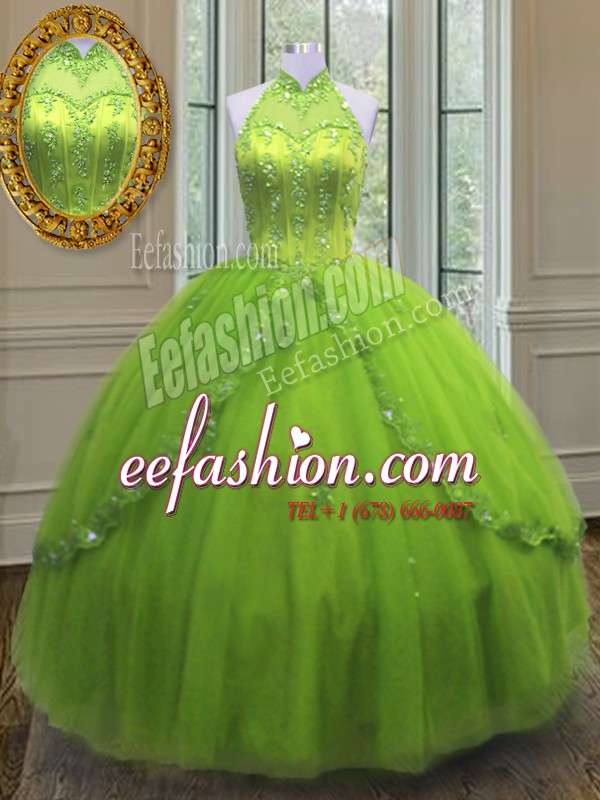  High-neck Sleeveless Lace Up Sweet 16 Dress Yellow Green Tulle
