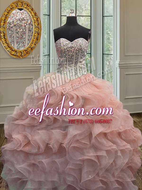 Cute Peach Sweetheart Lace Up Beading and Ruffles 15 Quinceanera Dress Sleeveless