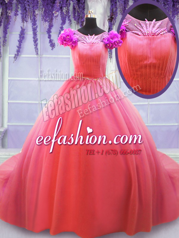 Beauteous Watermelon Red Tulle Lace Up Scoop Short Sleeves Sweet 16 Dress Court Train Hand Made Flower