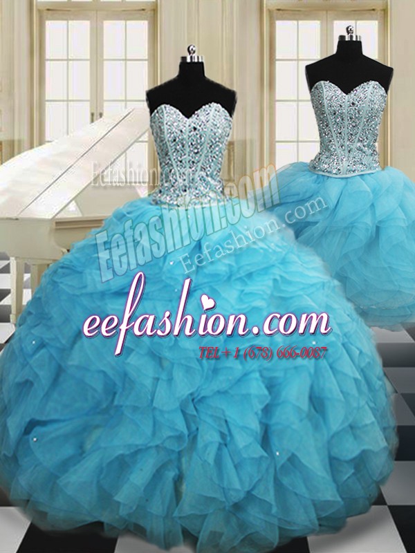  Three Piece Floor Length Lace Up 15 Quinceanera Dress Baby Blue for Military Ball and Sweet 16 and Quinceanera with Beading and Ruffles