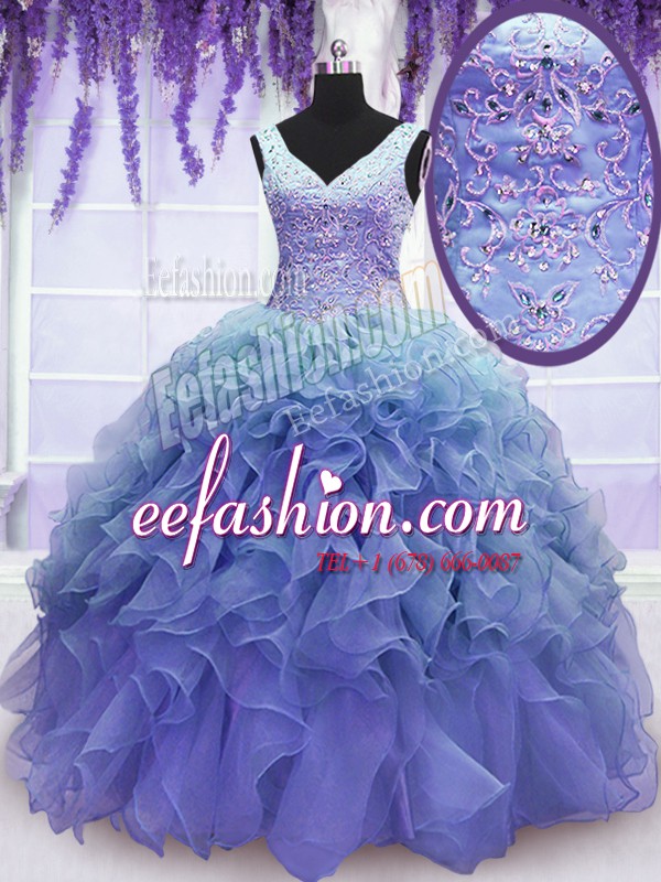 Stylish Organza V-neck Sleeveless Lace Up Beading and Embroidery and Ruffles 15 Quinceanera Dress in Purple