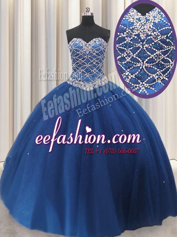  Sequins Ball Gowns Sweet 16 Dress Royal Blue Sweetheart Tulle Sleeveless Floor Length Lace Up