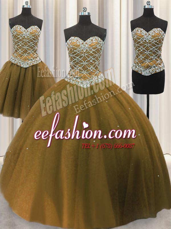  Three Piece Brown Sleeveless Floor Length Beading and Sequins Lace Up Sweet 16 Dress