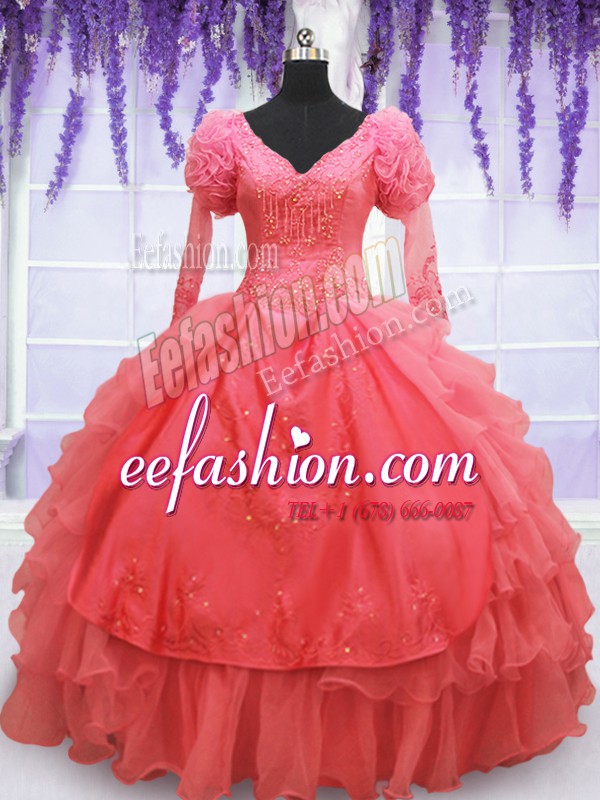 Gorgeous Coral Red Long Sleeves Beading and Embroidery Floor Length 15 Quinceanera Dress