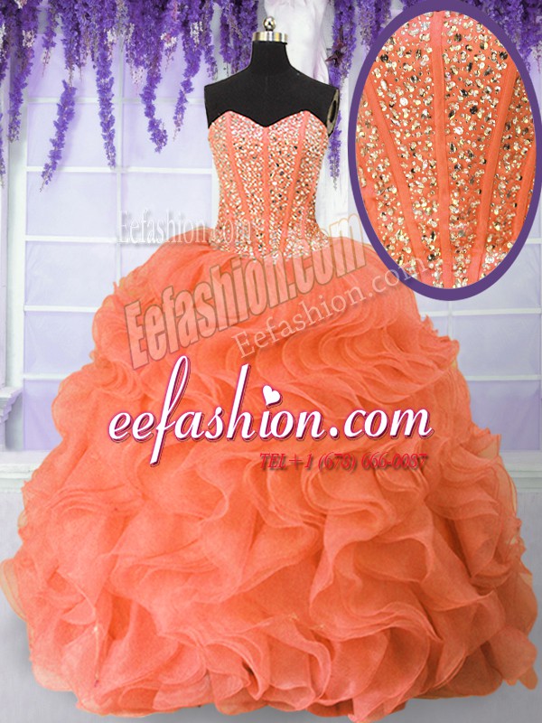 Flirting Organza Sweetheart Sleeveless Lace Up Beading and Ruffles Quinceanera Gowns in Orange Red
