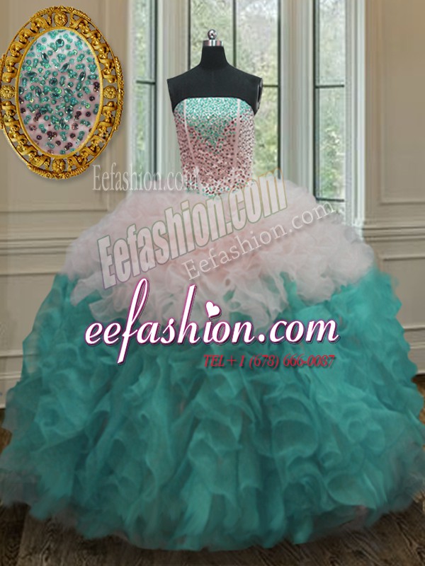  Sleeveless Floor Length Beading and Ruffles Lace Up Quinceanera Dress with Multi-color