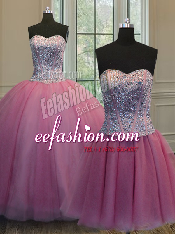 Top Selling Three Piece Rose Pink Sweetheart Neckline Beading Vestidos de Quinceanera Sleeveless Lace Up