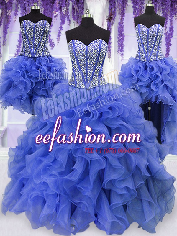  Four Piece Floor Length Royal Blue Vestidos de Quinceanera Organza Sleeveless Ruffles and Sequins