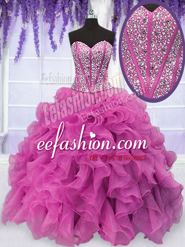  Hot Pink Ball Gowns Organza Sweetheart Sleeveless Beading and Ruffles Floor Length Lace Up Quinceanera Gown