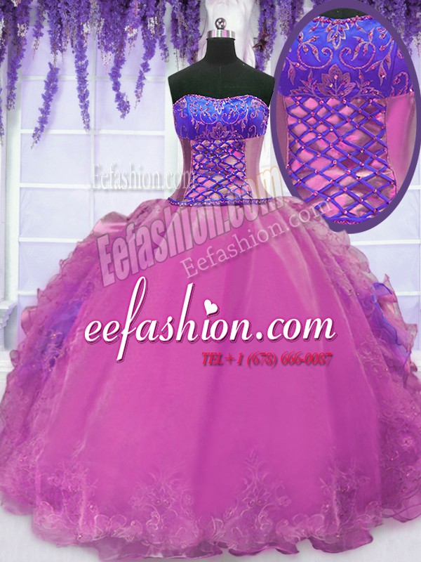 Lilac Sleeveless Floor Length Embroidery and Ruffles Lace Up Vestidos de Quinceanera