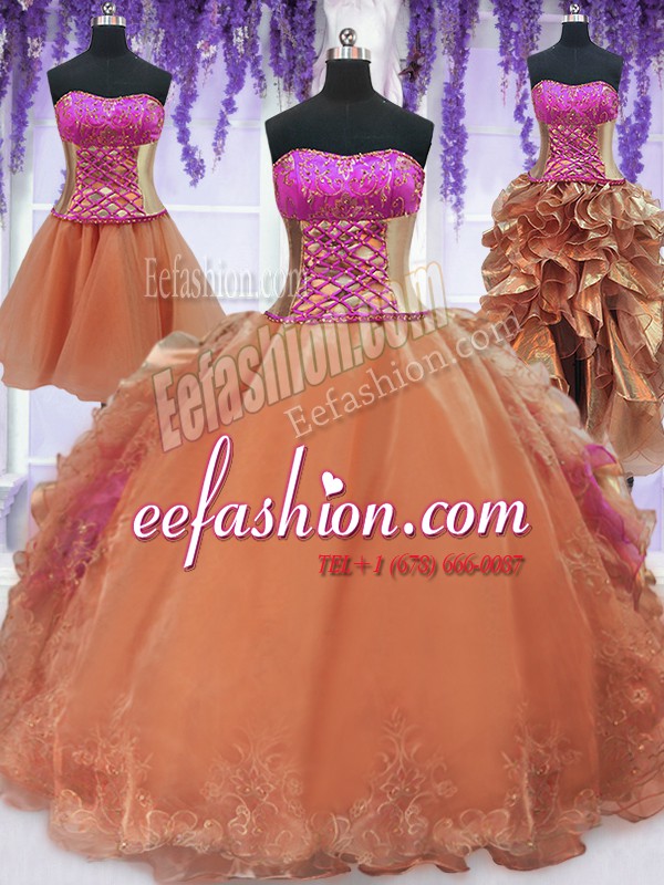 Comfortable Four Piece Floor Length Orange Sweet 16 Quinceanera Dress Organza Sleeveless Embroidery and Ruffles