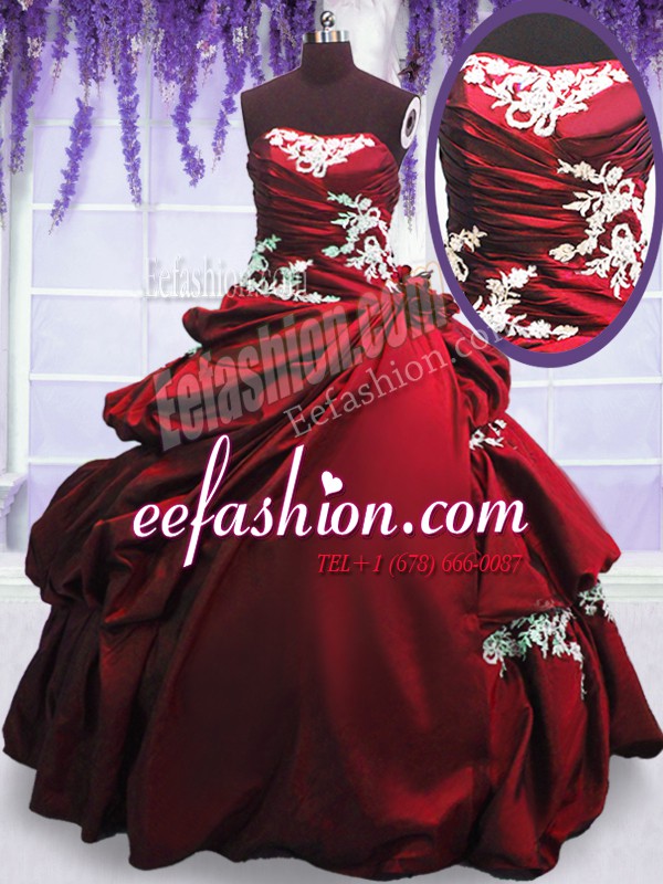  Pick Ups Floor Length Wine Red Quinceanera Dresses Strapless Sleeveless Lace Up