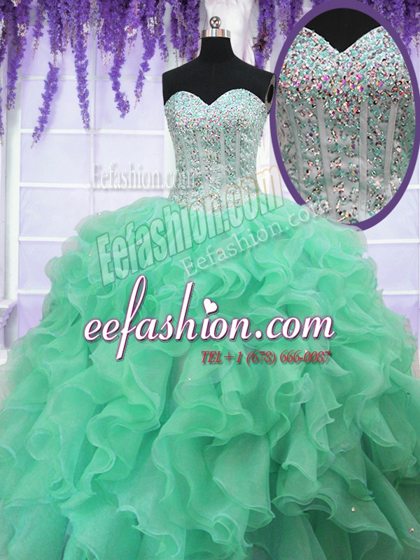 Sophisticated Apple Green Ball Gowns Organza Sweetheart Sleeveless Ruffles and Sequins Floor Length Lace Up Quinceanera Gowns