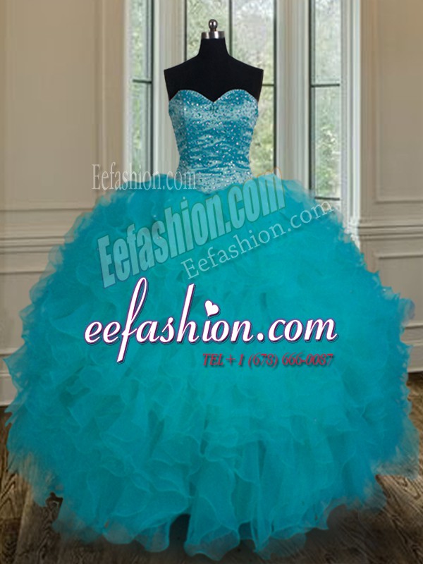  Teal Ball Gowns Tulle Sweetheart Sleeveless Beading and Ruffles Floor Length Lace Up Quinceanera Dresses