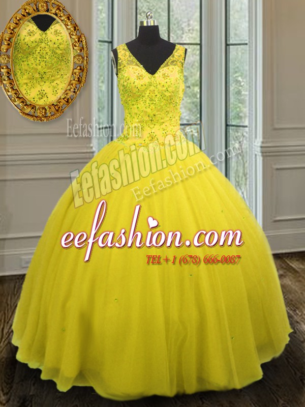  Floor Length Yellow Quinceanera Gown V-neck Sleeveless Zipper