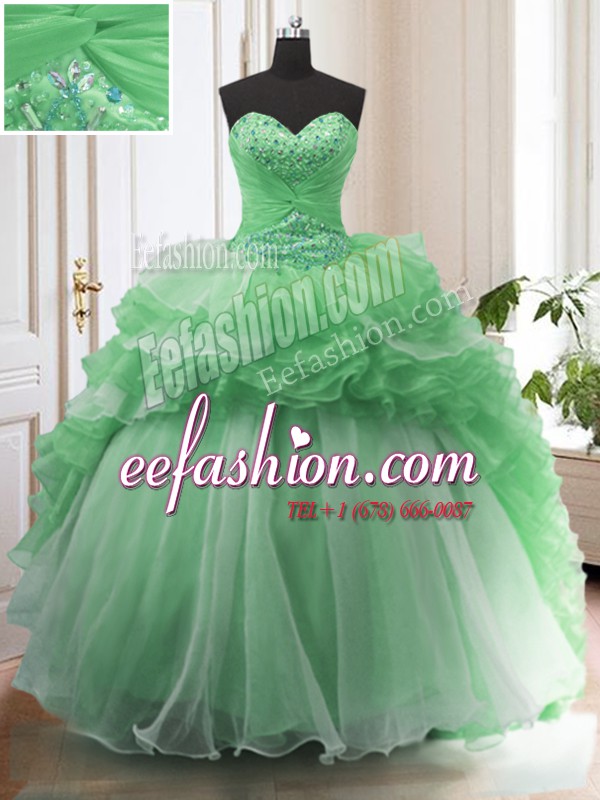 Perfect Green Ball Gowns Sweetheart Sleeveless Organza Sweep Train Lace Up Beading and Ruffled Layers Sweet 16 Quinceanera Dress