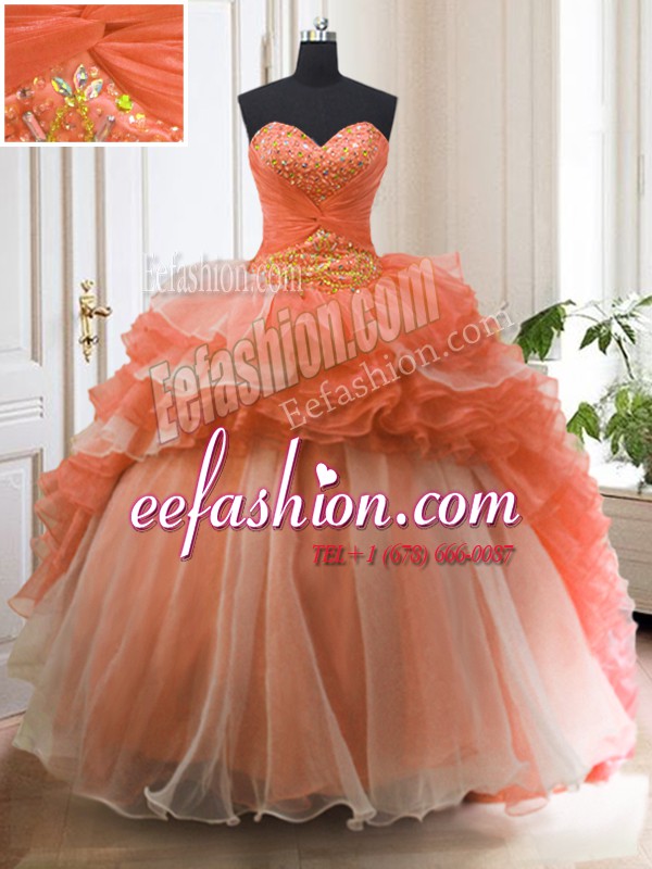Exquisite Orange Red 15th Birthday Dress Military Ball and Sweet 16 and Quinceanera and For with Beading and Ruffled Layers Sweetheart Sleeveless Sweep Train Lace Up
