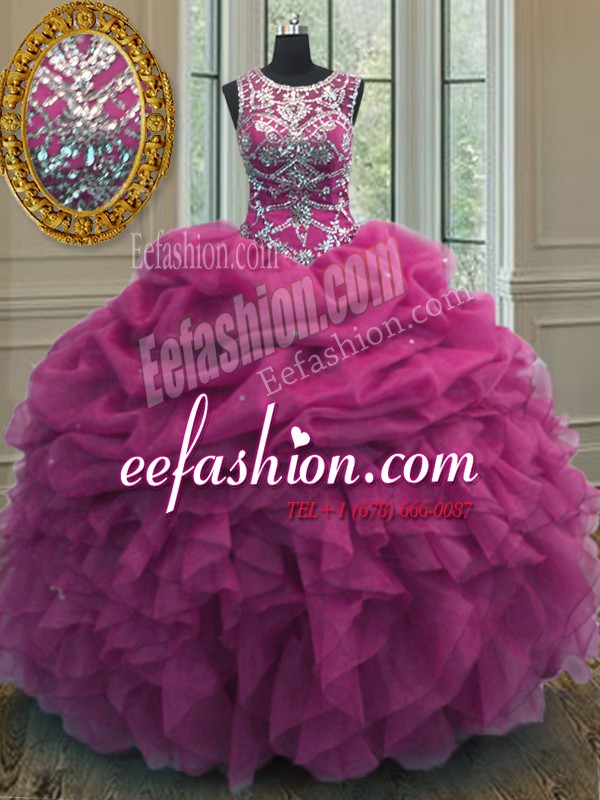 Custom Made Scoop Fuchsia Sleeveless Floor Length Beading and Ruffles and Pick Ups Lace Up Sweet 16 Dresses