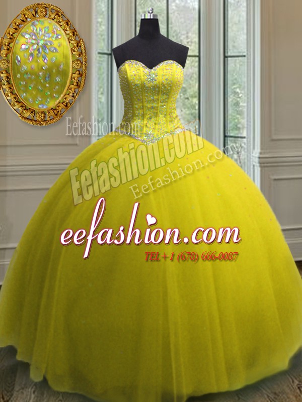 Colorful Yellow Ball Gowns Sweetheart Sleeveless Tulle Floor Length Lace Up Beading and Sequins Sweet 16 Dress