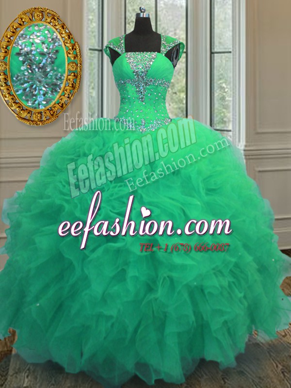 Comfortable Organza Straps Cap Sleeves Lace Up Beading and Ruffles and Sequins Quinceanera Gown in Turquoise